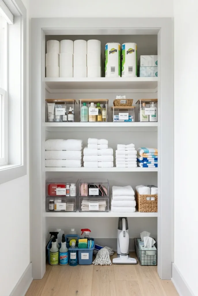 Bathroom closet organized into four height-based zones by use frequency