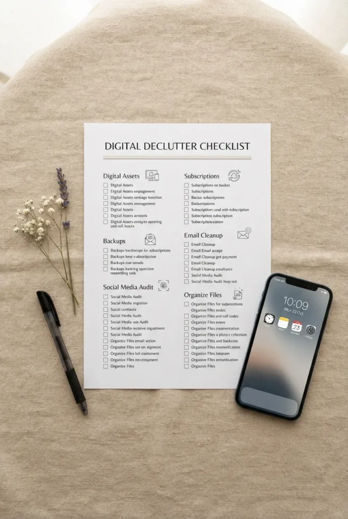 Free printable digital declutter checklist PDF styled on a linen surface