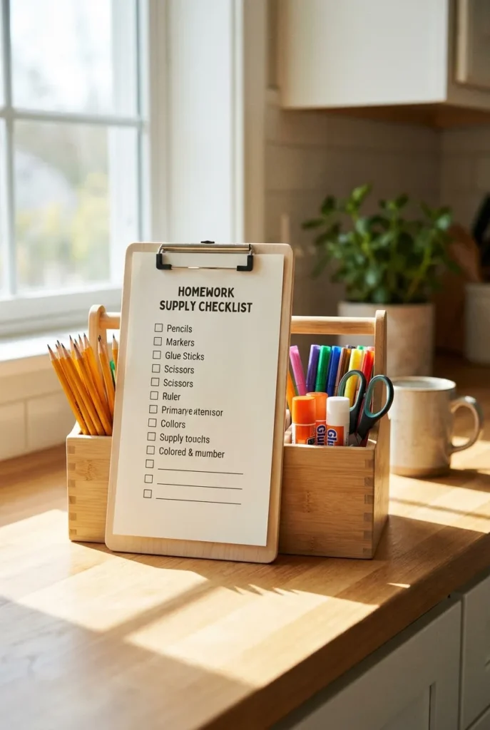 Free printable homework caddy organization checklist on a clipboard