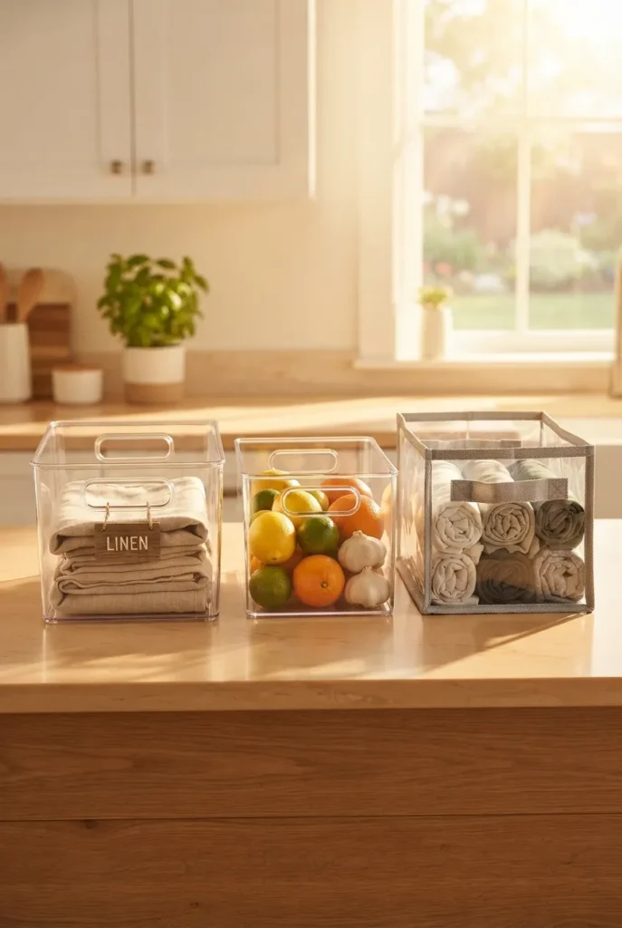 Comparing clear plastic and acrylic fridge organization bins on a kitchen counter