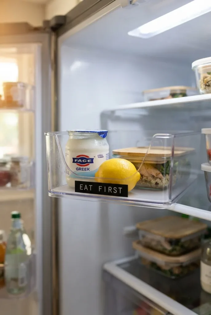 Eat-first fridge organization bin at eye level holding items nearing their date