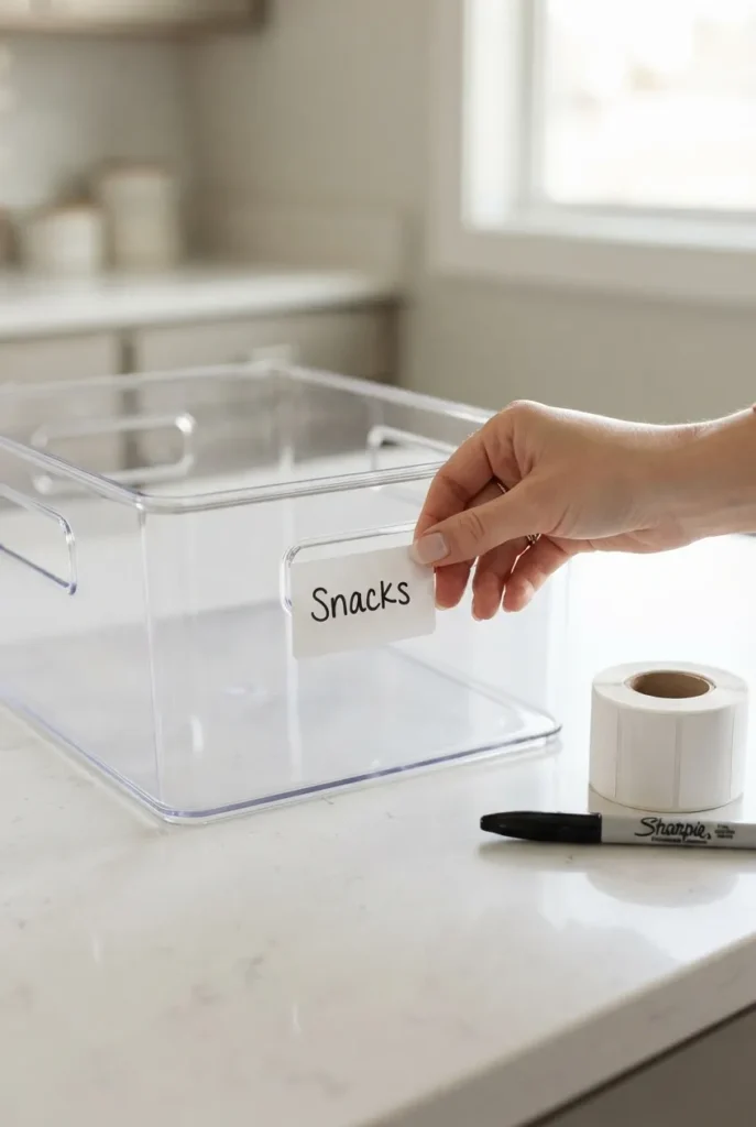 Labeling a fridge organization bin by zone during a weekly reset