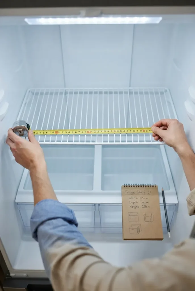 Measuring a fridge shelf with a tape measure before buying fridge organization bins