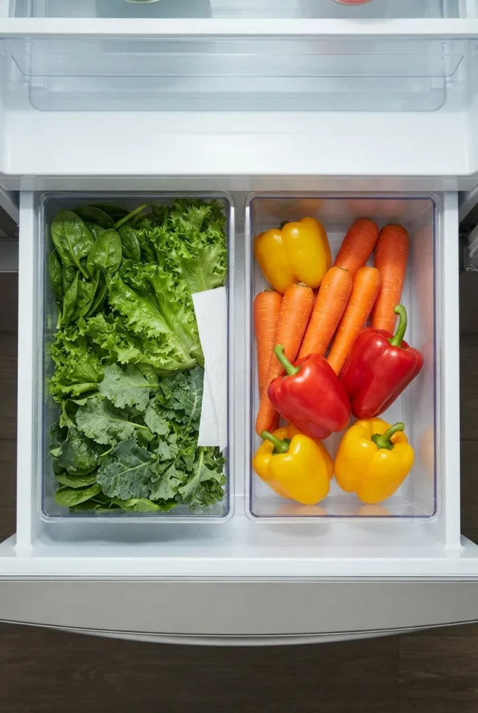 Produce fridge organization bins splitting a crisper drawer into greens and hardy veg