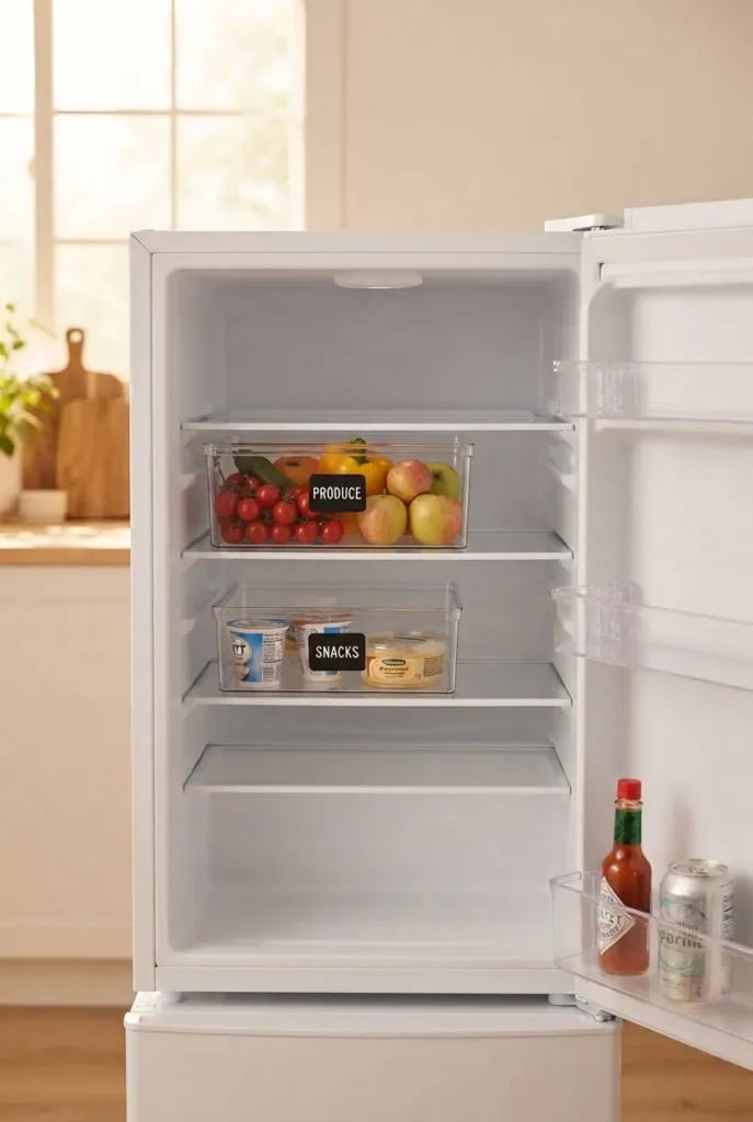 A small fridge using only two organization bins to save space