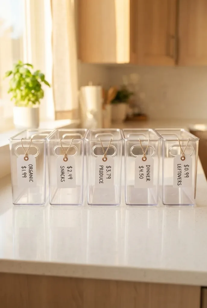 Five-bin fridge organization starter kit laid out on a counter before setup
