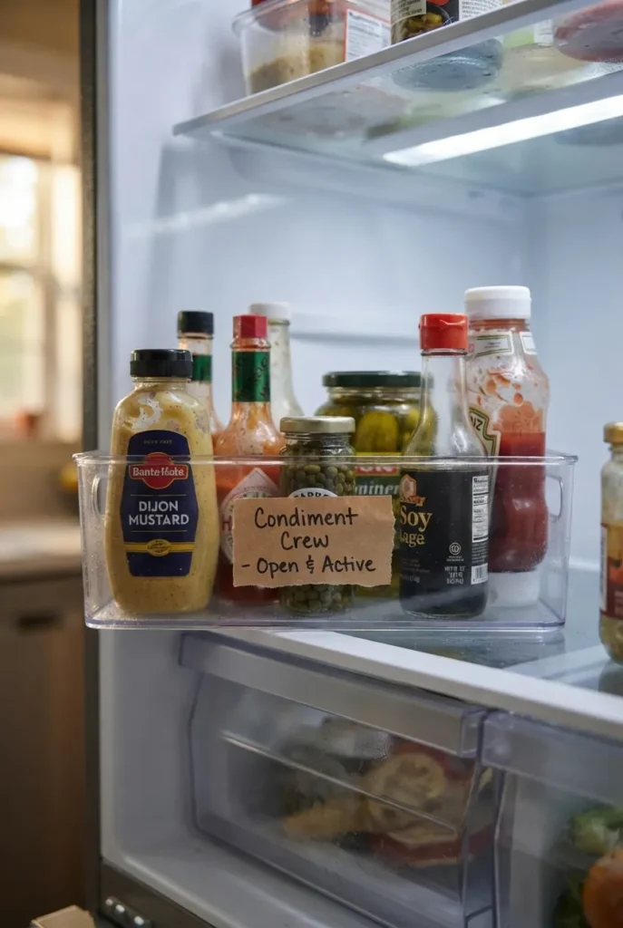 Single clear fridge organization bin holding grouped condiments as a two-week test