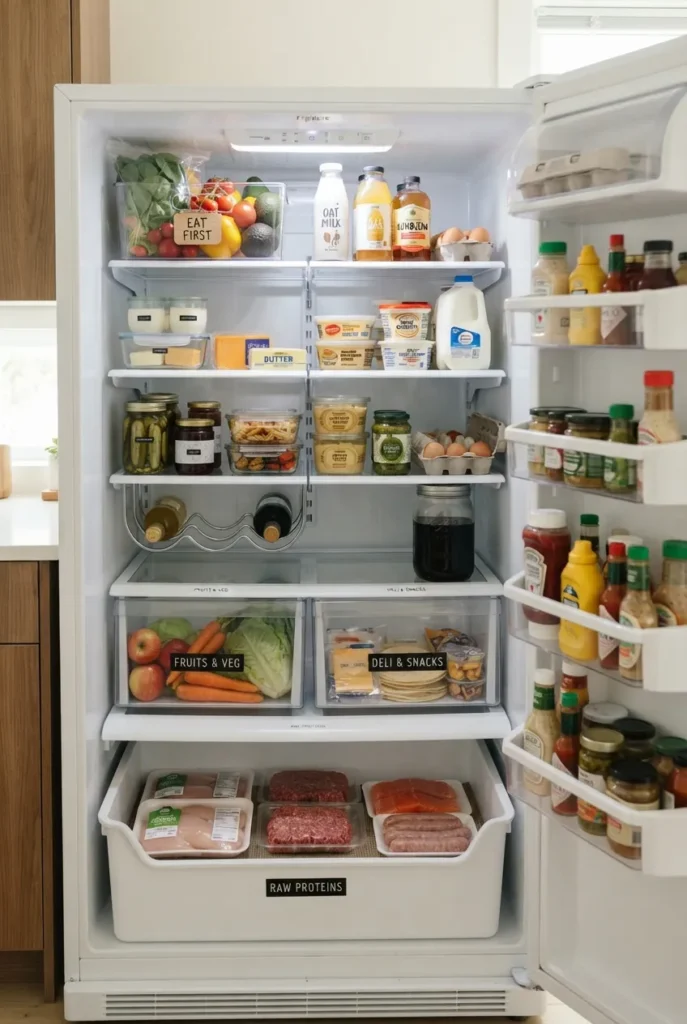 Fridge zone map showing bins for proteins, dairy, drinks, and an eat-first basket