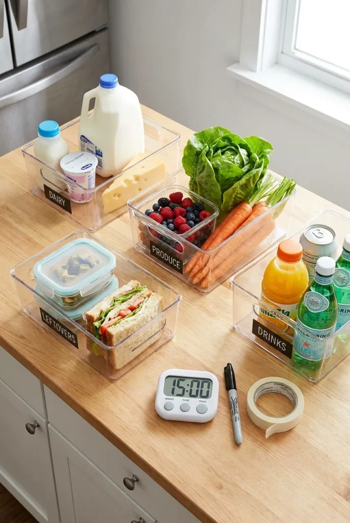 Sorting fridge foods by zone on the counter during a 30 minute reset