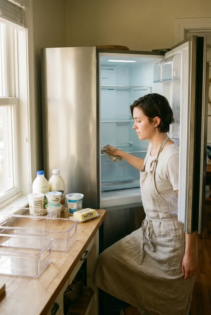 Woman resetting fridge zones one shelf at a time using an organization chart