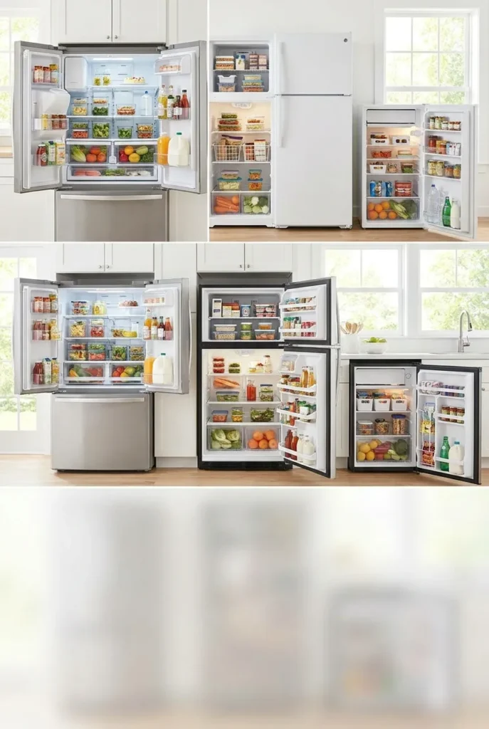 Fridge organization chart adapted for French-door, top-freezer, and mini fridges
