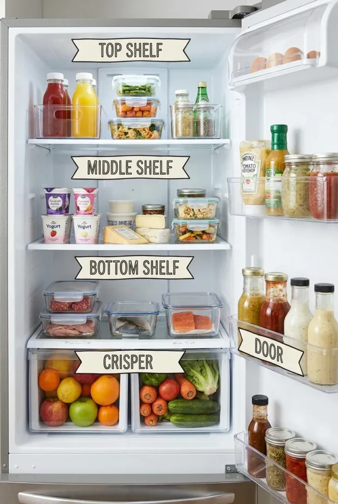 Fridge organization chart showing five labeled temperature zones and food placement