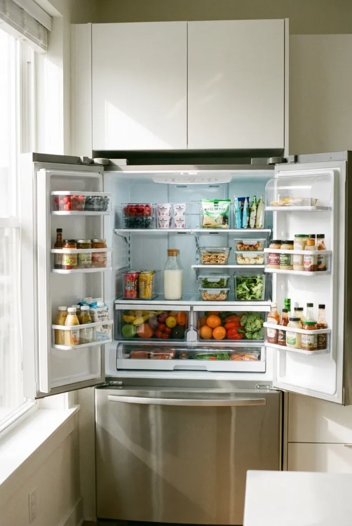 Fridge organization chart shown in a real French-door refrigerator with labeled zones