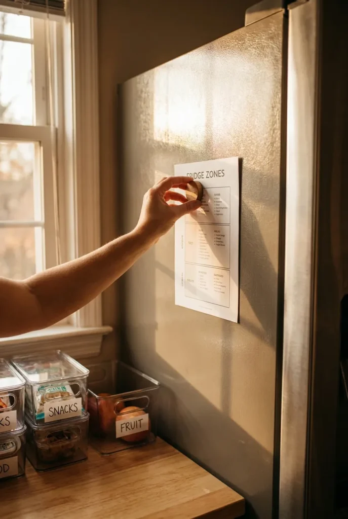 Printable fridge organization chart magnet on the side of a refrigerator