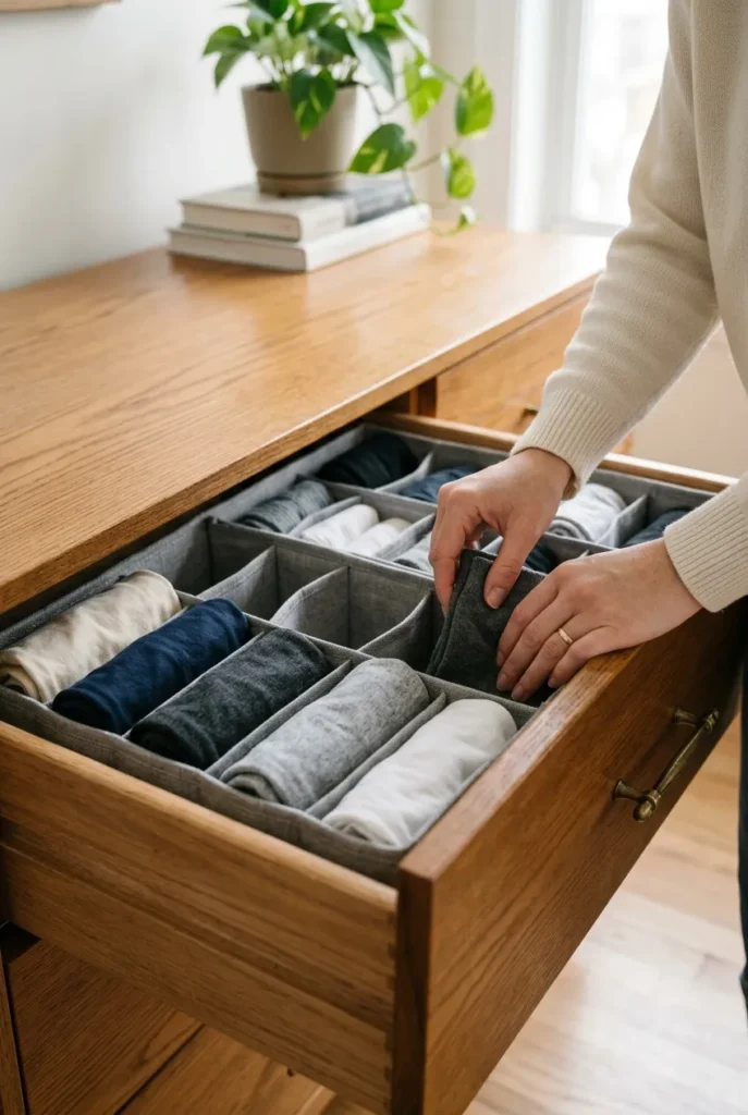 Organized drawer with dividers giving every item a home after decluttering