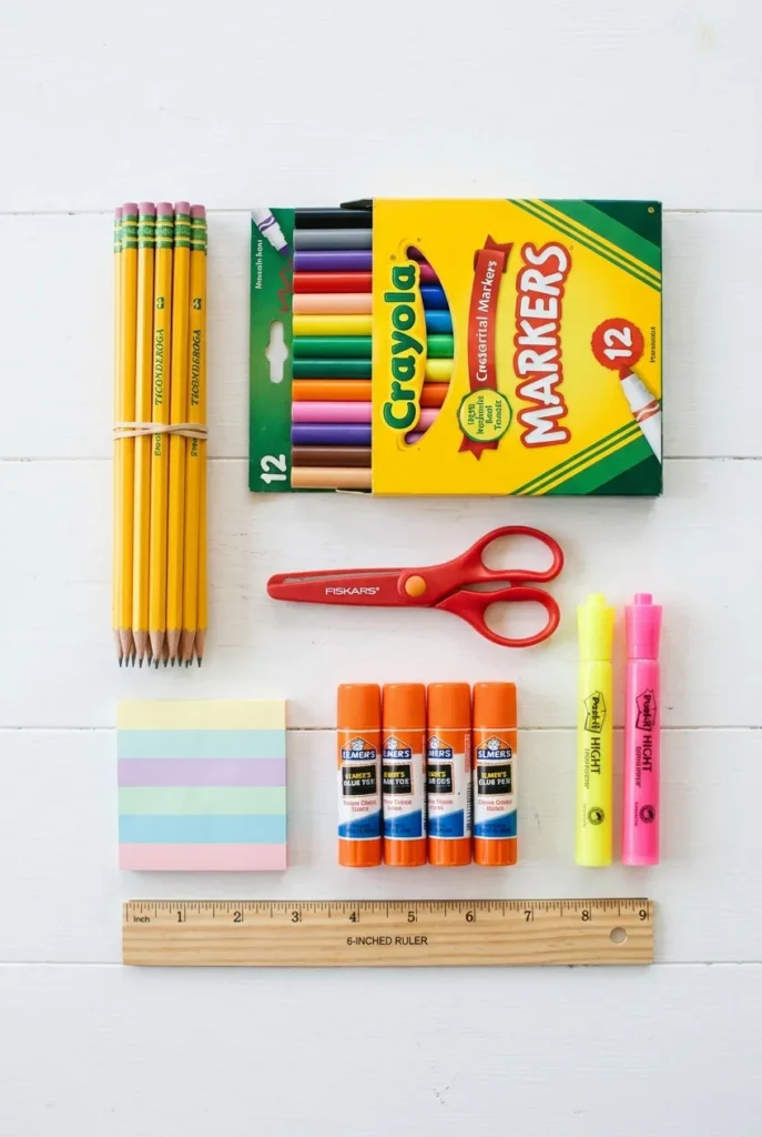 Homework caddy supply list of essential school supplies laid out