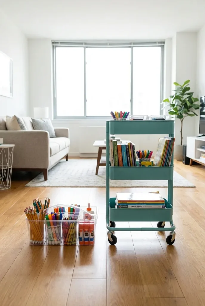 Homework caddy next to a rolling study cart for small space organization