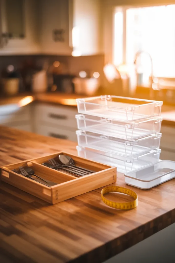 Kitchen drawer organization products compared, bamboo tray, acrylic bins, and plastic tray with tape measure