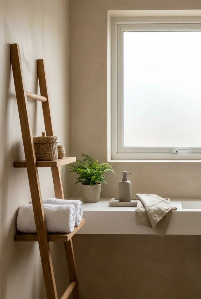 Japandi bathroom organization with teak ladder shelf and rolled towels
