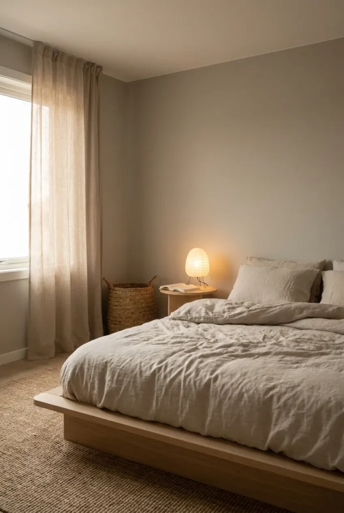 Japandi bedroom organization with low platform bed and clear nightstand