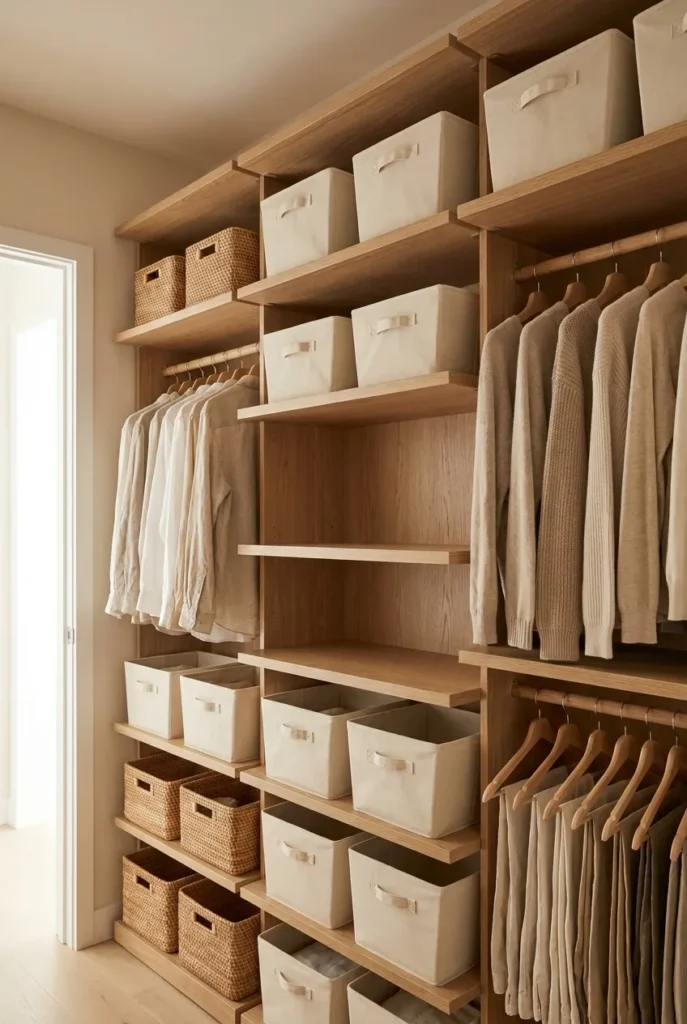 Japandi closet organization with matching bins and wood hangers