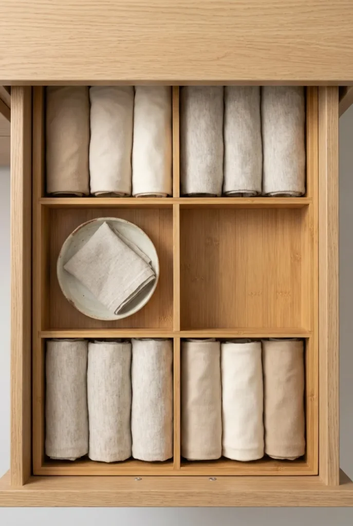Japandi drawer organization with bamboo dividers and rolled clothes