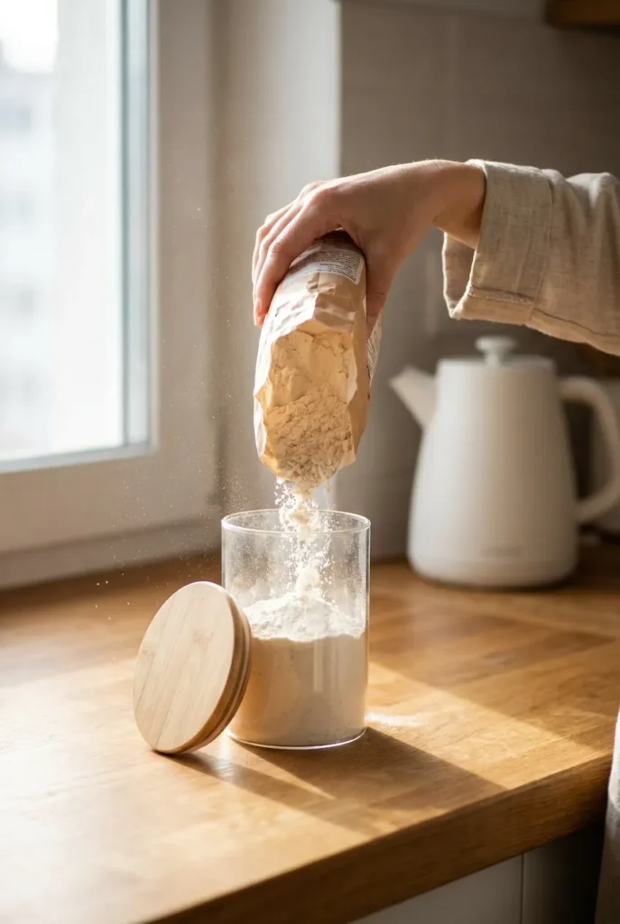 Decanting flour into a bamboo-lid jar for Japandi kitchen organization