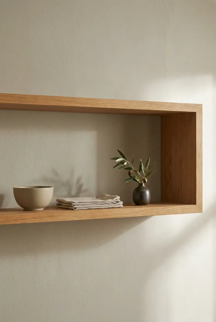 Japandi shelf styling with negative space and natural materials