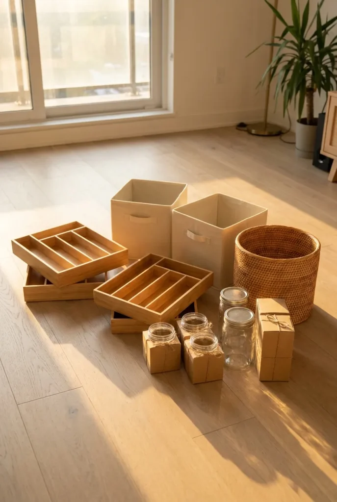 Budget Japandi organization haul with wood trays and woven baskets
