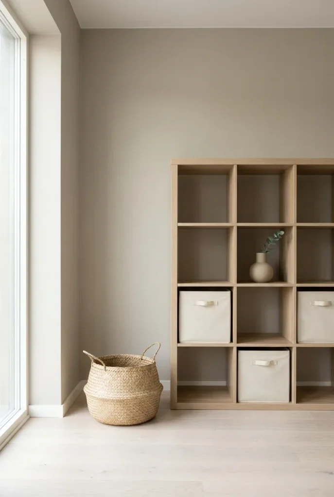 Japandi organization living room with oak shelving and woven baskets