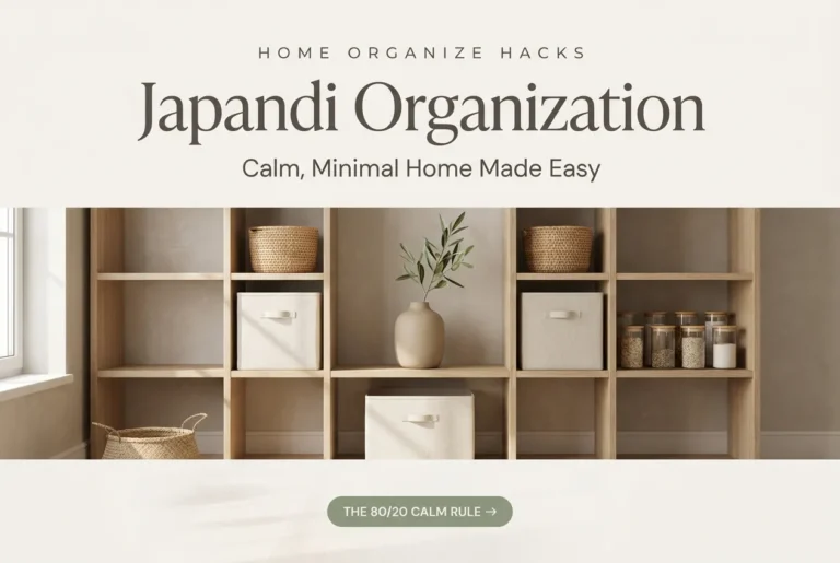Japandi organization pin with oak shelving, baskets, and calm home text overlay