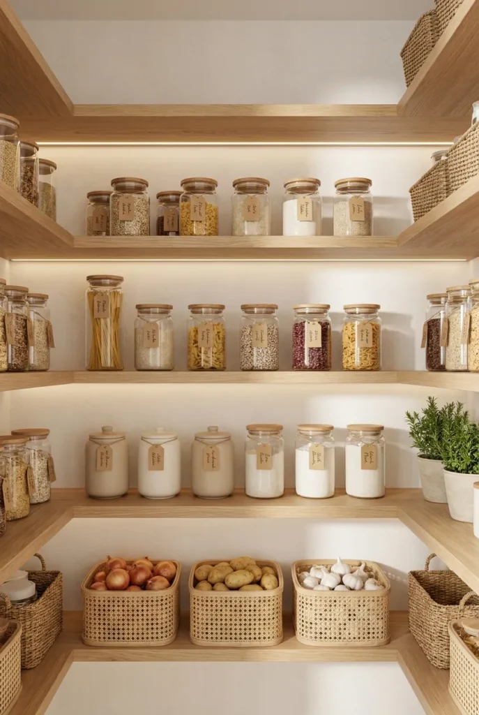 Japandi pantry organization with decanted jars and woven baskets