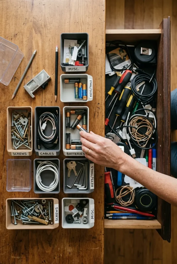 Sorting a junk drawer with trays, an easy where to start decluttering small area win