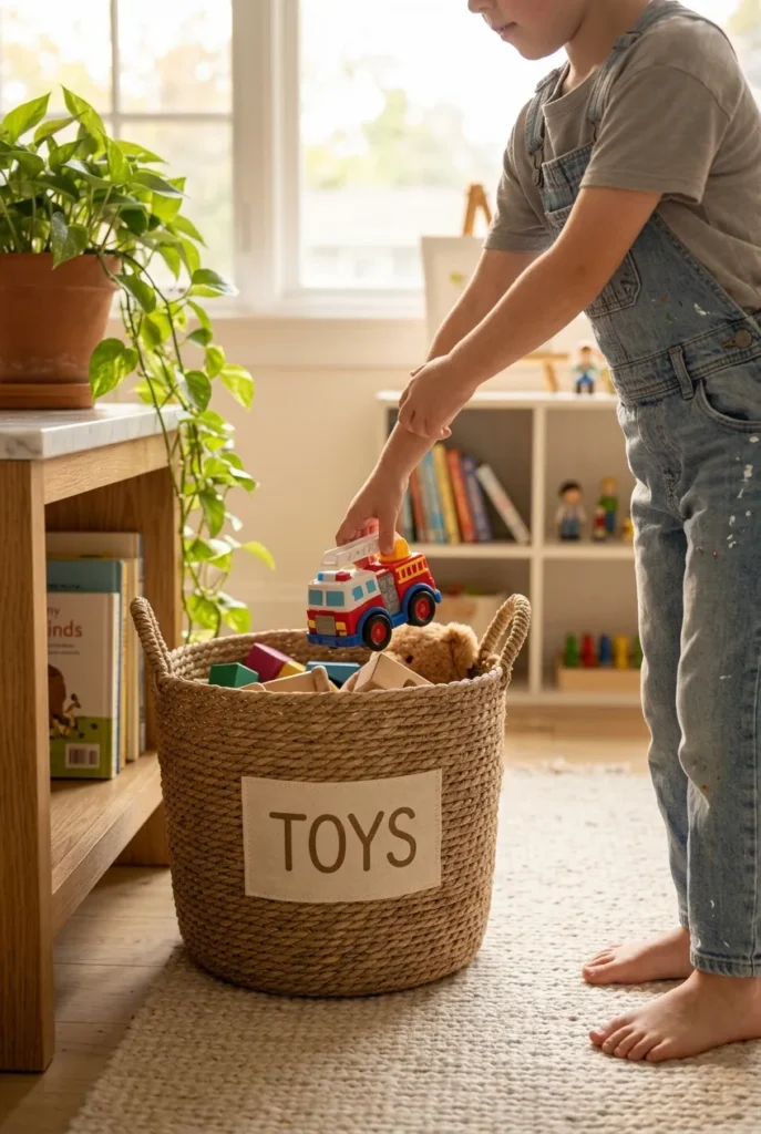Child doing an age-appropriate chore to support a working mom cleaning schedule