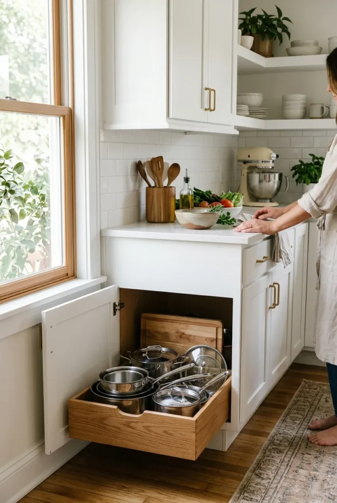 Kitchen cabinet layout organized by zones with an open lower cabinet of neat pots
