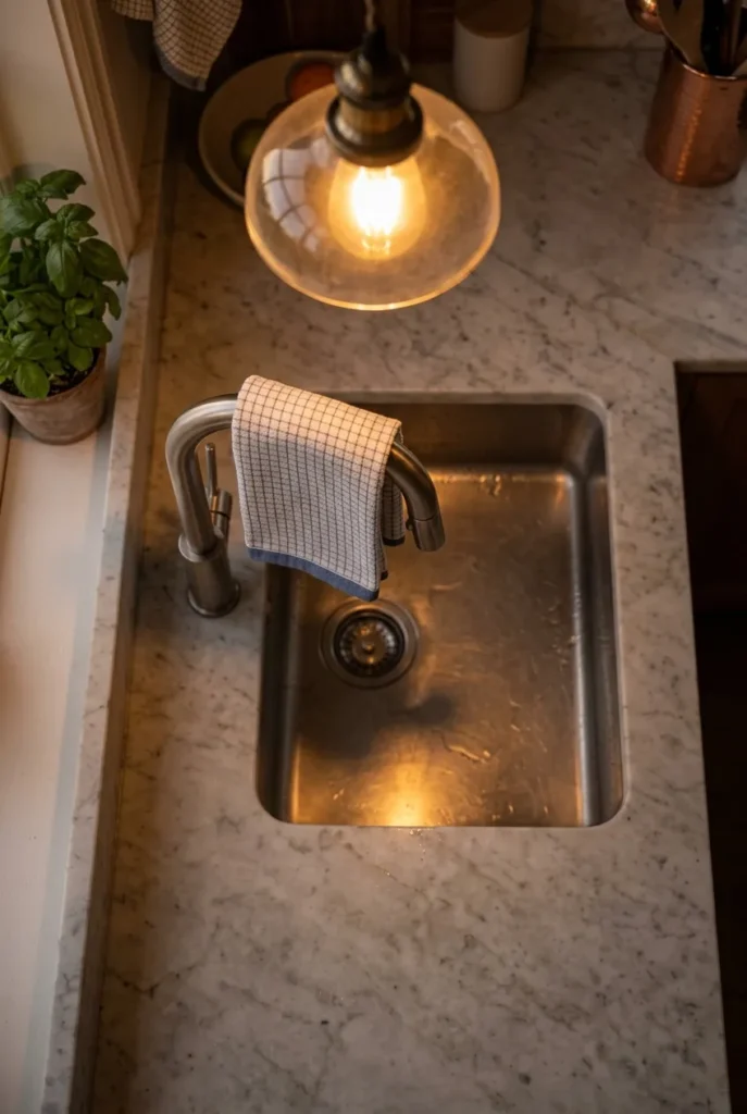 Clean kitchen sink after the nightly 5-touch kitchen close for busy moms