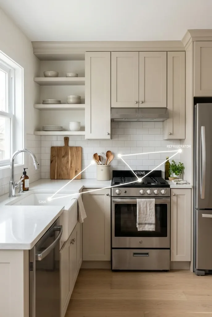 Kitchen work triangle connecting sink stove and refrigerator in a neutral kitchen