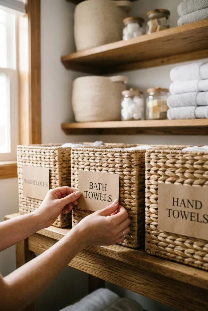 Applying matching category labels to woven bins in a bathroom closet