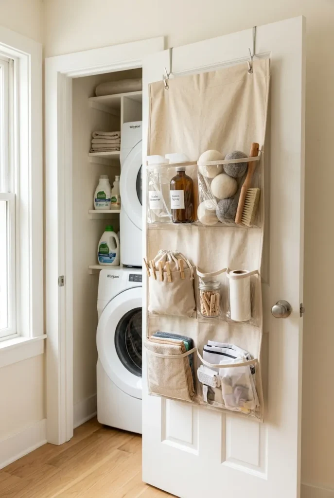 Over-the-door organizer on a laundry closet door for small laundry room organization