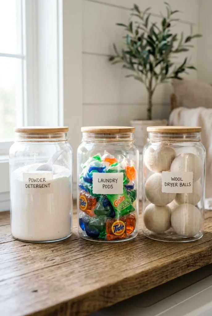 Clear labeled canisters of decanted detergent on a vertical laundry shelf