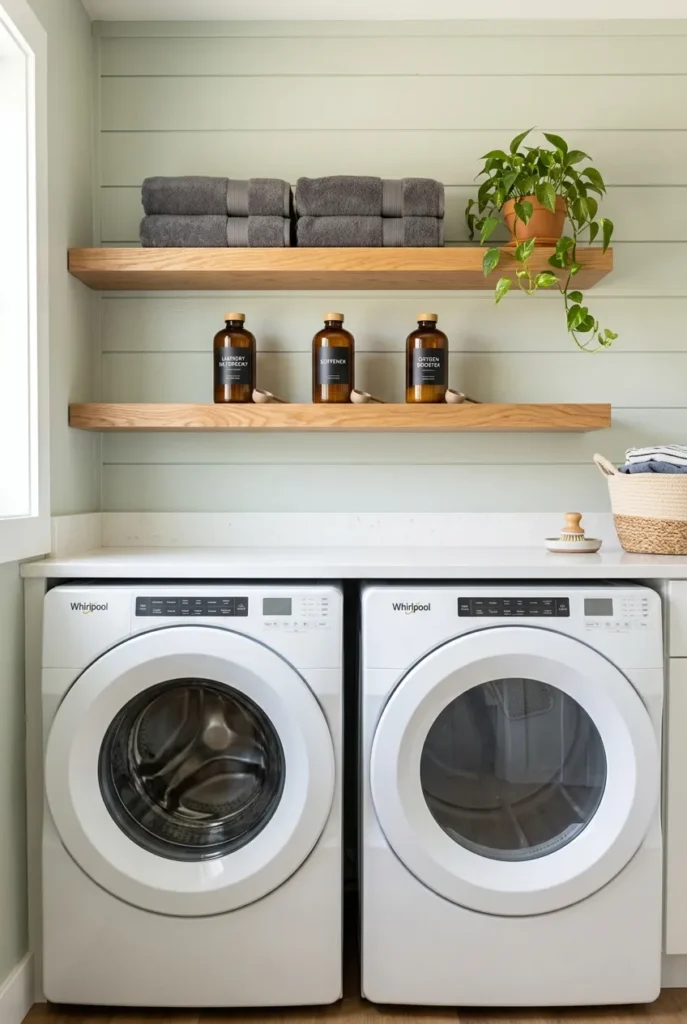Two floating wood shelves above a washer and dryer for vertical laundry storage