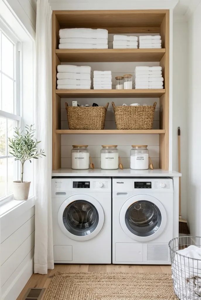 Vertical laundry room storage above a washer and dryer with shelves and baskets