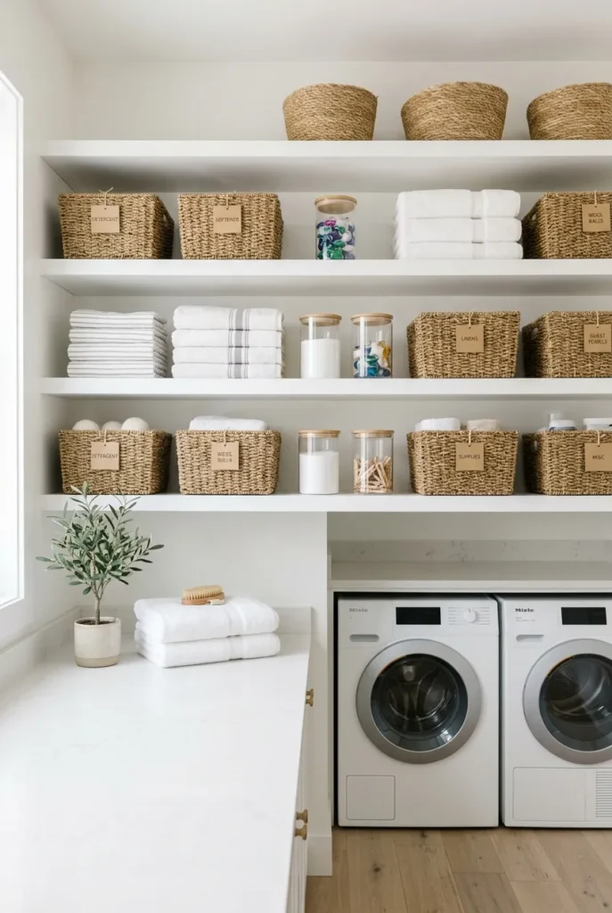 Labeled matching baskets on high vertical shelves in a laundry room