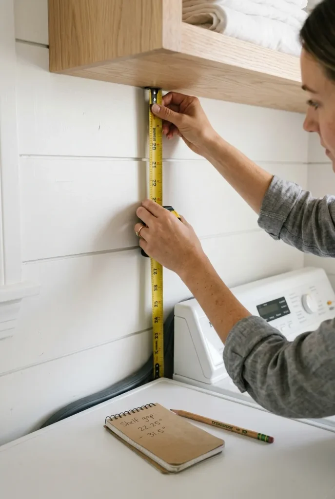 Measuring vertical wall space above a dryer for laundry storage shelves