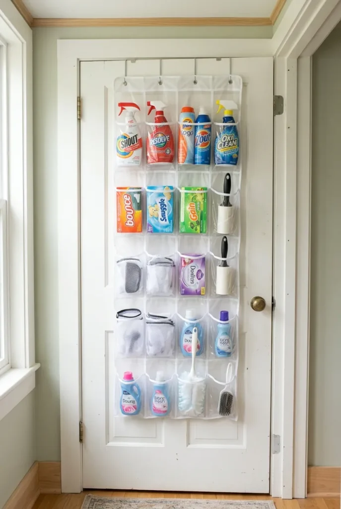 Over-the-door organizer holding laundry supplies for vertical door storage