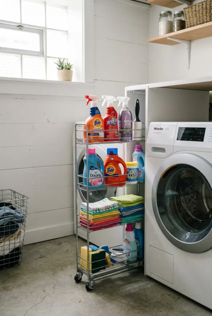 Narrow pull-out pantry for vertical storage beside a basement washer