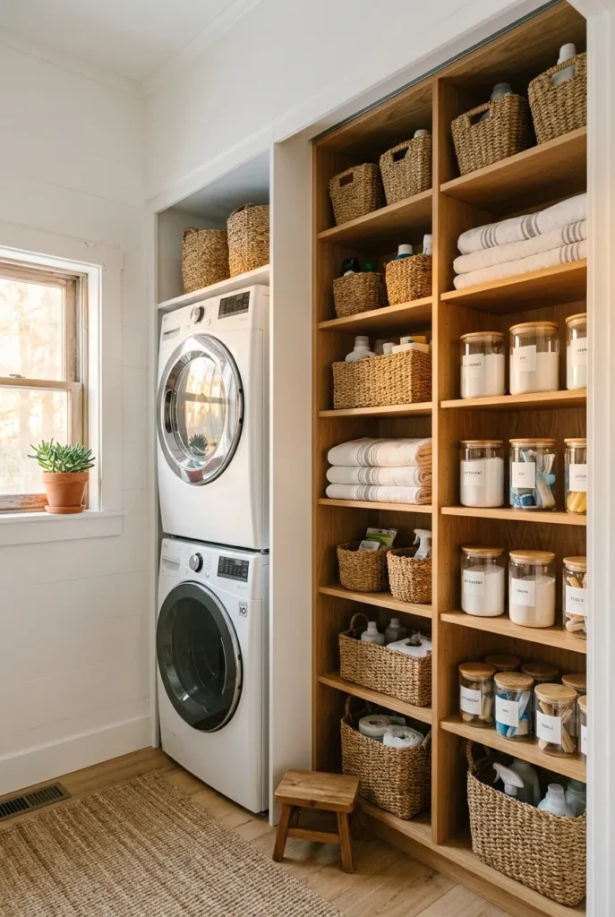Stacked washer and dryer beside tall vertical shelving in a small laundry room