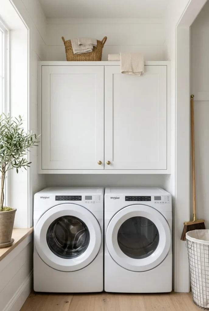 White wall-mounted cabinet above laundry machines for hidden vertical storage