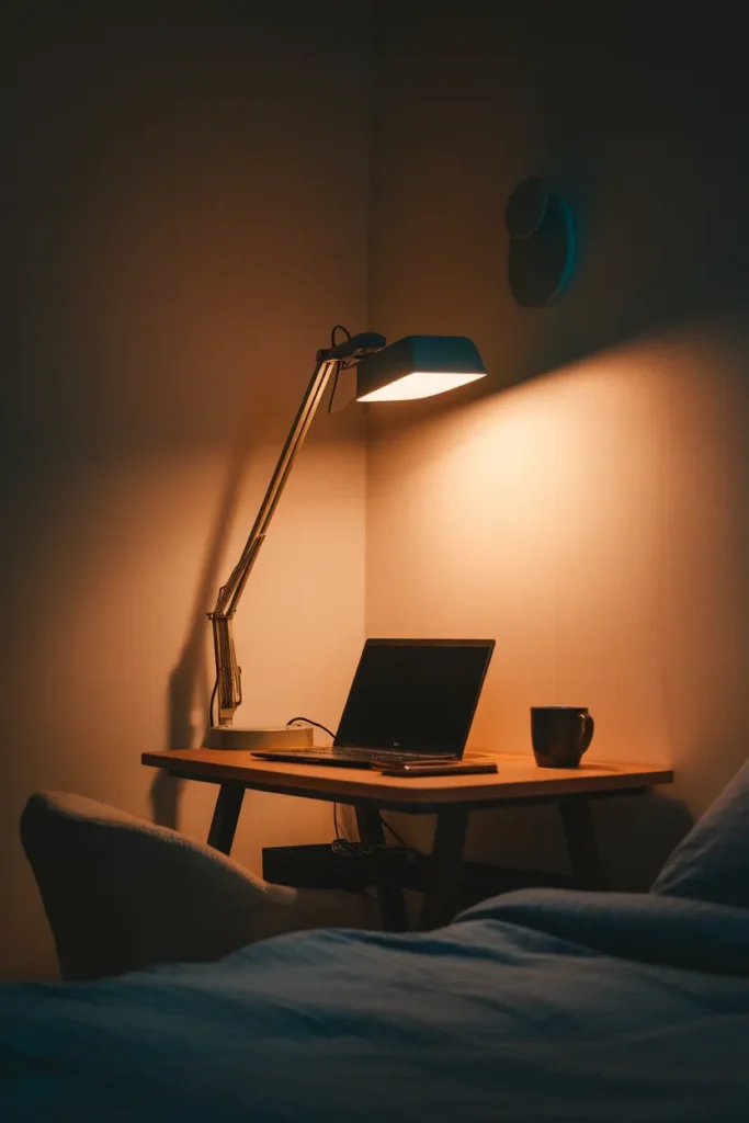 Task lamp and sconce lighting a small bedroom office corner at night