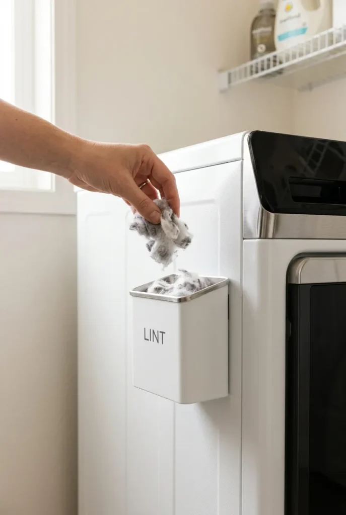 Magnetic lint bin on dryer for safe small laundry room organization